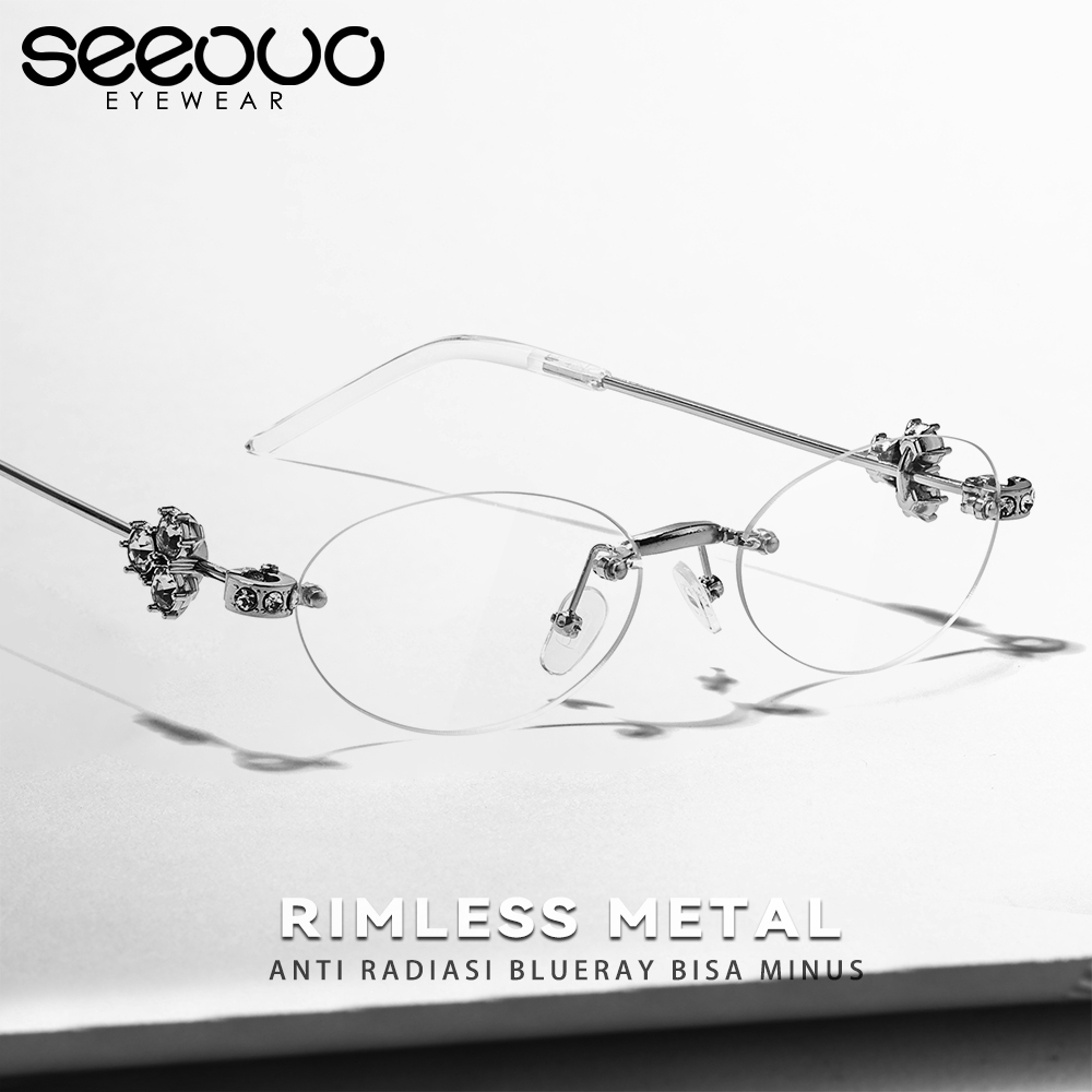 Seeouo Kacamata Antiradiasi Blueray Model Oval Rimless Metal Fashionable Wanita Glasses Stylish Bisa