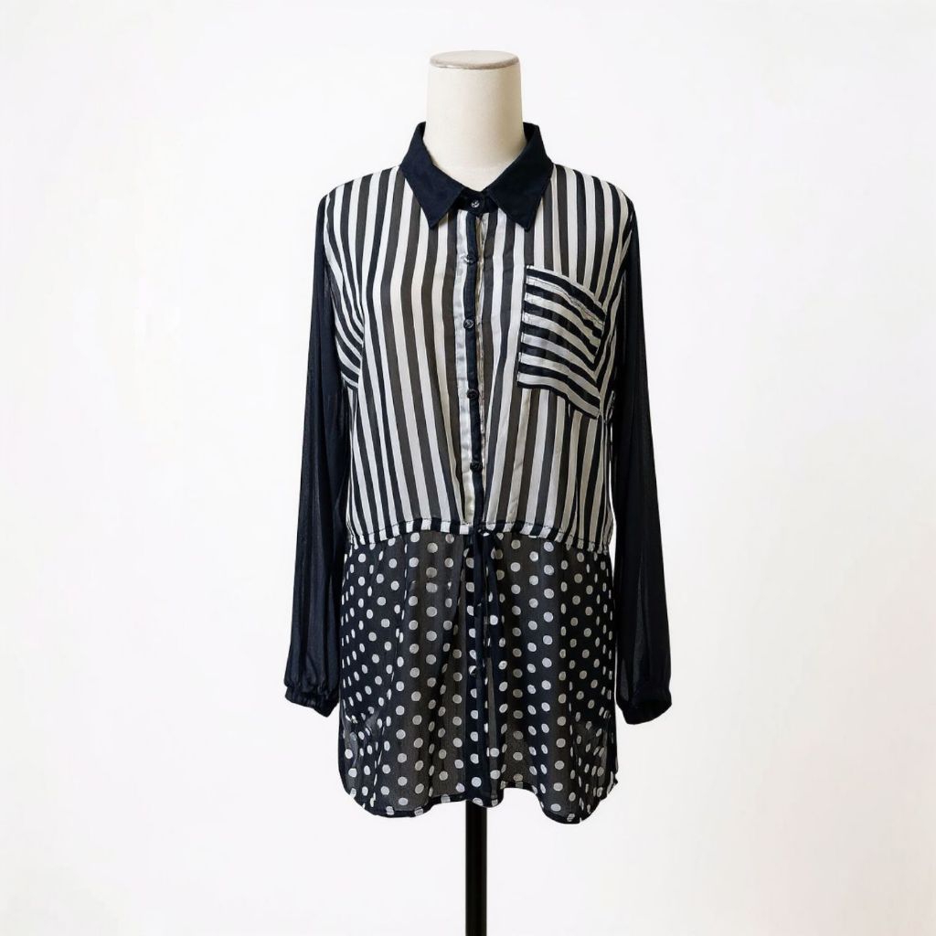 [IM*POR*T] Tunik Wanita Manel Kombinasi Garis & Polkadot Hitam Putih