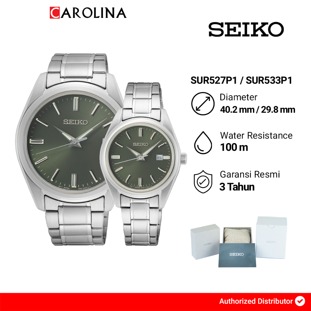 Jam Tangan Couple Seiko SUR527P1/SUR533P1 Dress Olive Green Dial Stainless Steel Strap