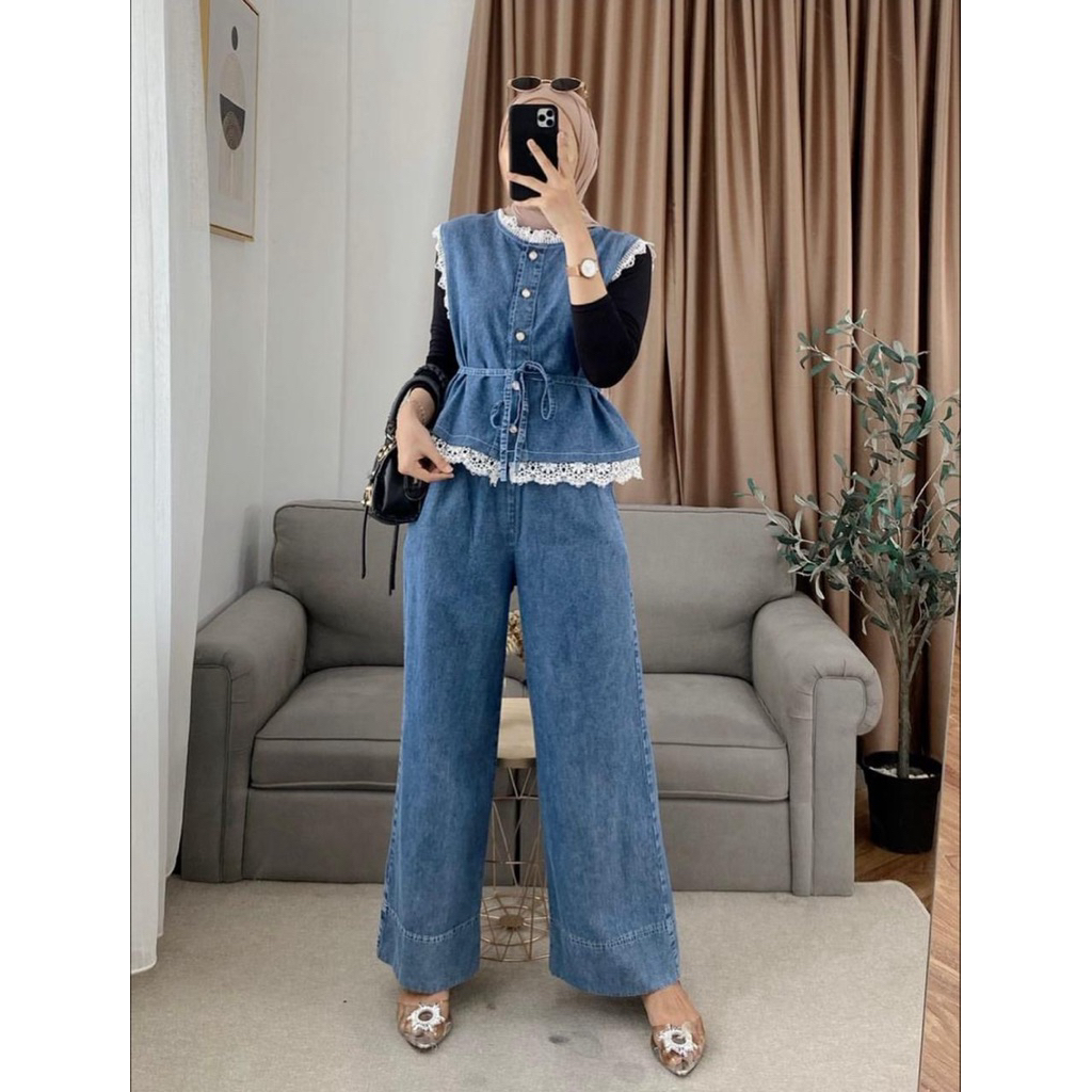 Setelan Vest Jeans Wanita Denim Peplum Renda – Baju Setelan Wanita Kekinian Terbaru L&XL