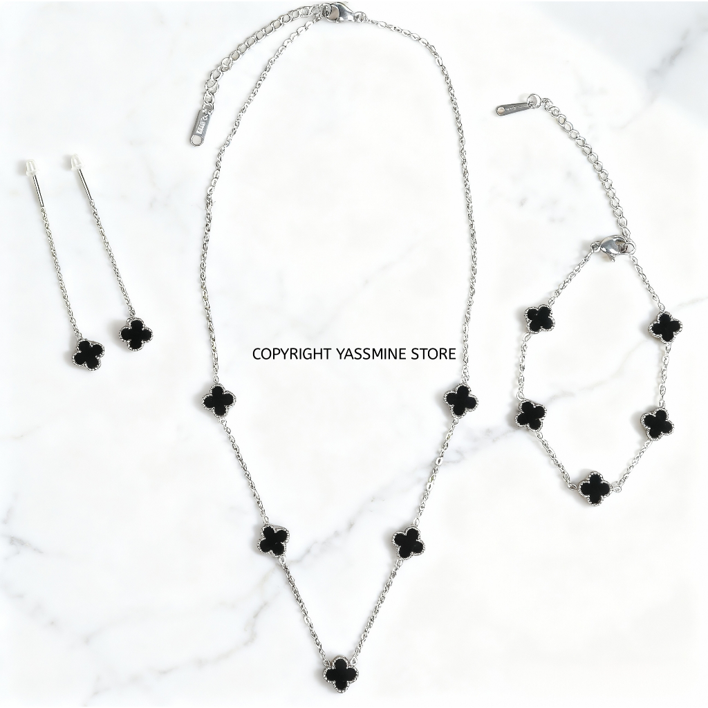 Set Perhiasan Wanita Motif Semanggi Hitam | Kalung Gelang Anting Premium Titanium Korea