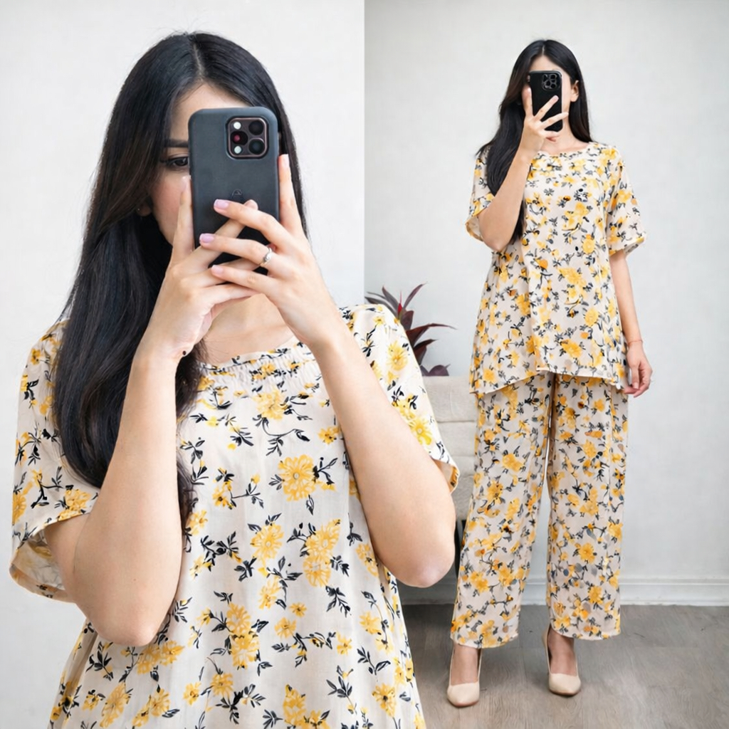 One Set Kekinian Setelan atasan Adem Busui Friendly Printing Rayon Lembut Motif Bunga Sahara
