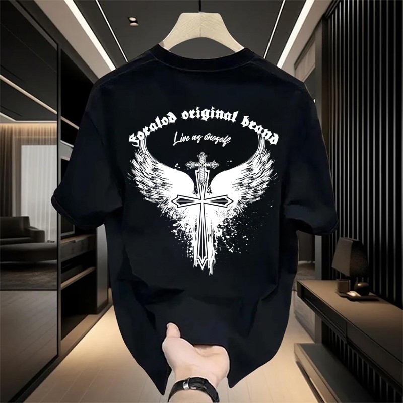 kaos cowok keren katun ringan kerah bundar ukuran besar Motif sayap malaikat yang kusam dan bernoda 