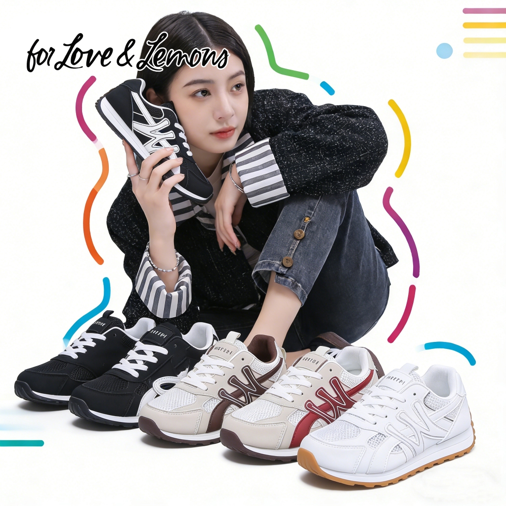 For Love & Lemons Sepatu Sneakers Wanita Harian & Jalan Santai Sepatu Casual Sport Empuk Ringan Tamb