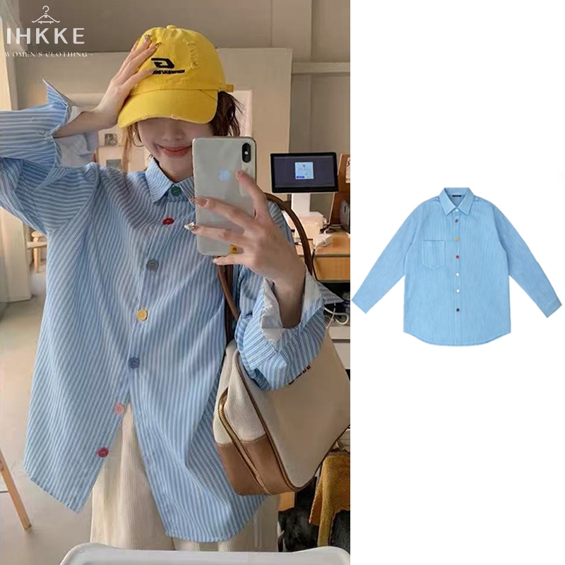 IHKKE Kemeja Lengan Panjang Wanita | Kemeja Biru Bergaris Untuk Wanita Dengan Detail Kancing Berwarn