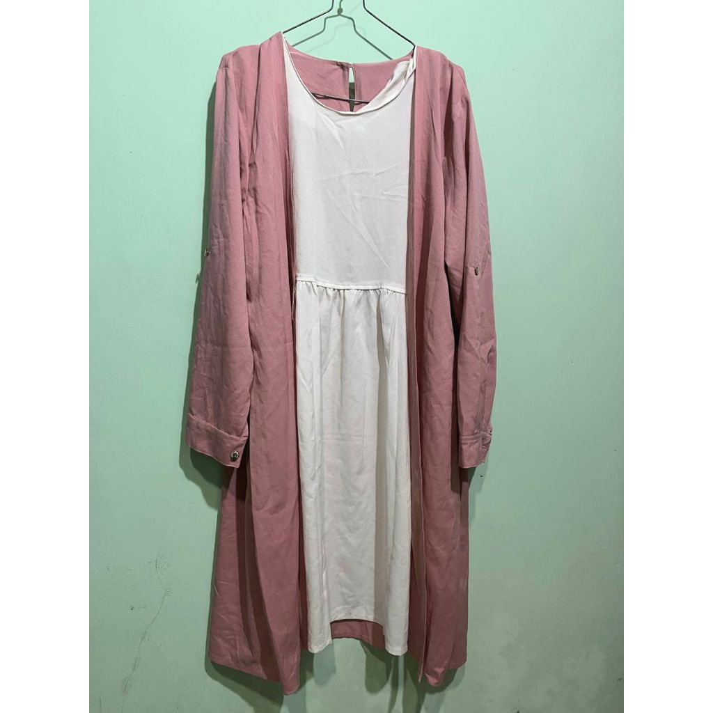 tunik dress panjang wanita pink putih