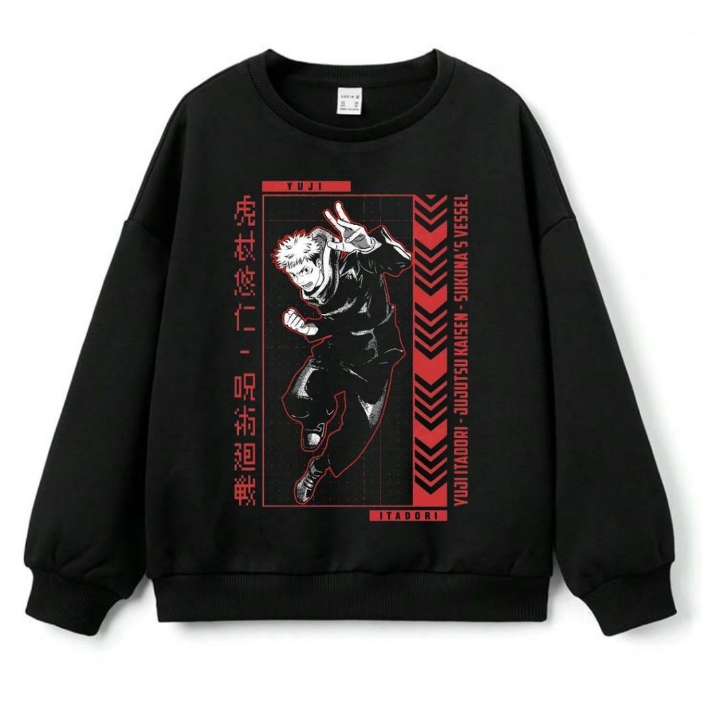 Psycho Crucify "Itadori Yuji" Crew Neck Sweater | Jaket | Sweater Hitam | Vintage | Jujutsu Kaisen