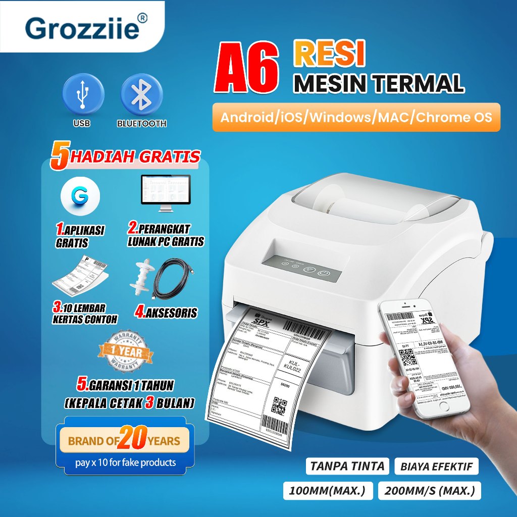 GROZZIIE Printer Thermal A6/A7 | Printer Resi Waybill & Barcode | Bluetooth iOS Android