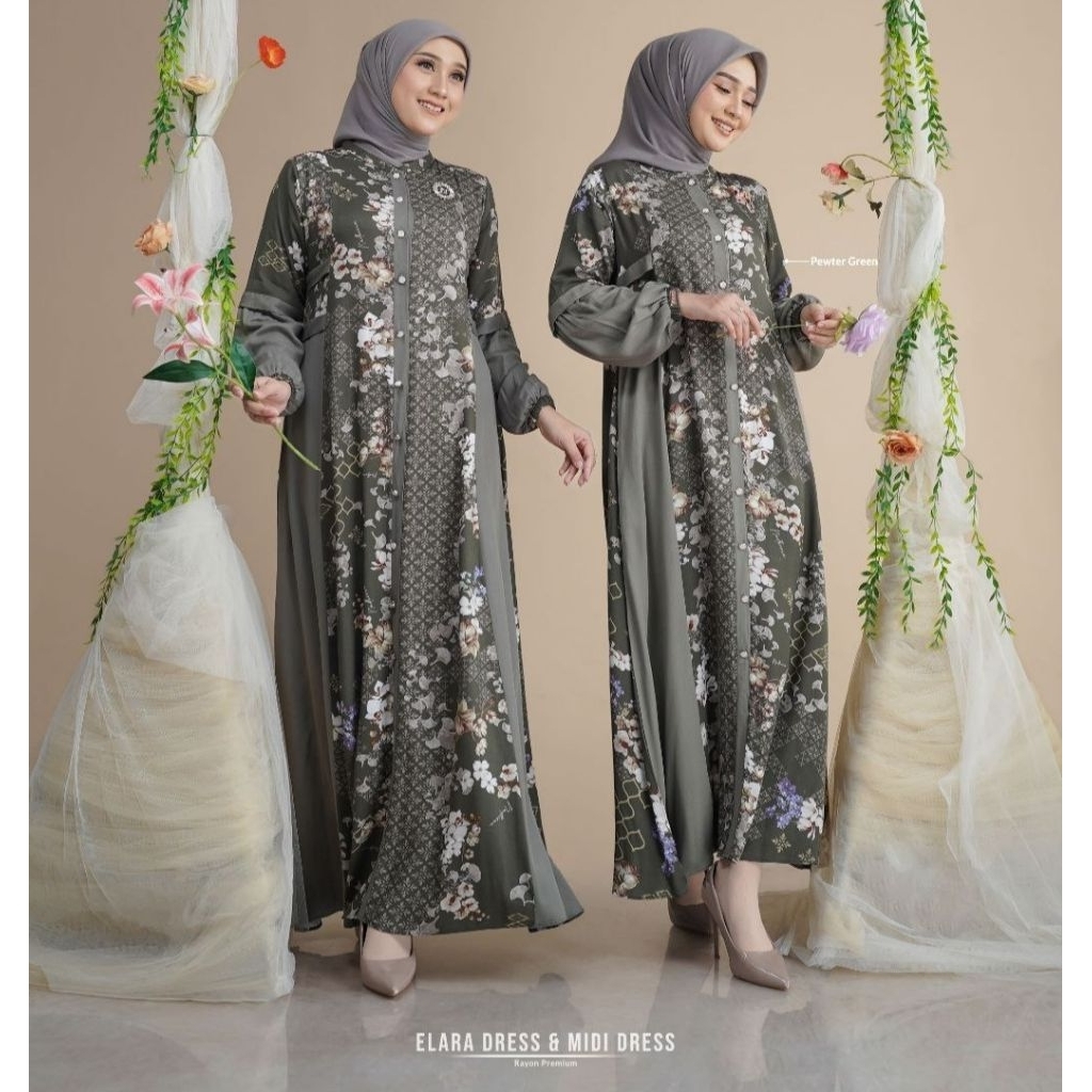 Elara Midi Dress ORI by Nadheera Luxury - Gamis Muslim Rayon Premium Adem Mewah Motif Bunga Busui Fr