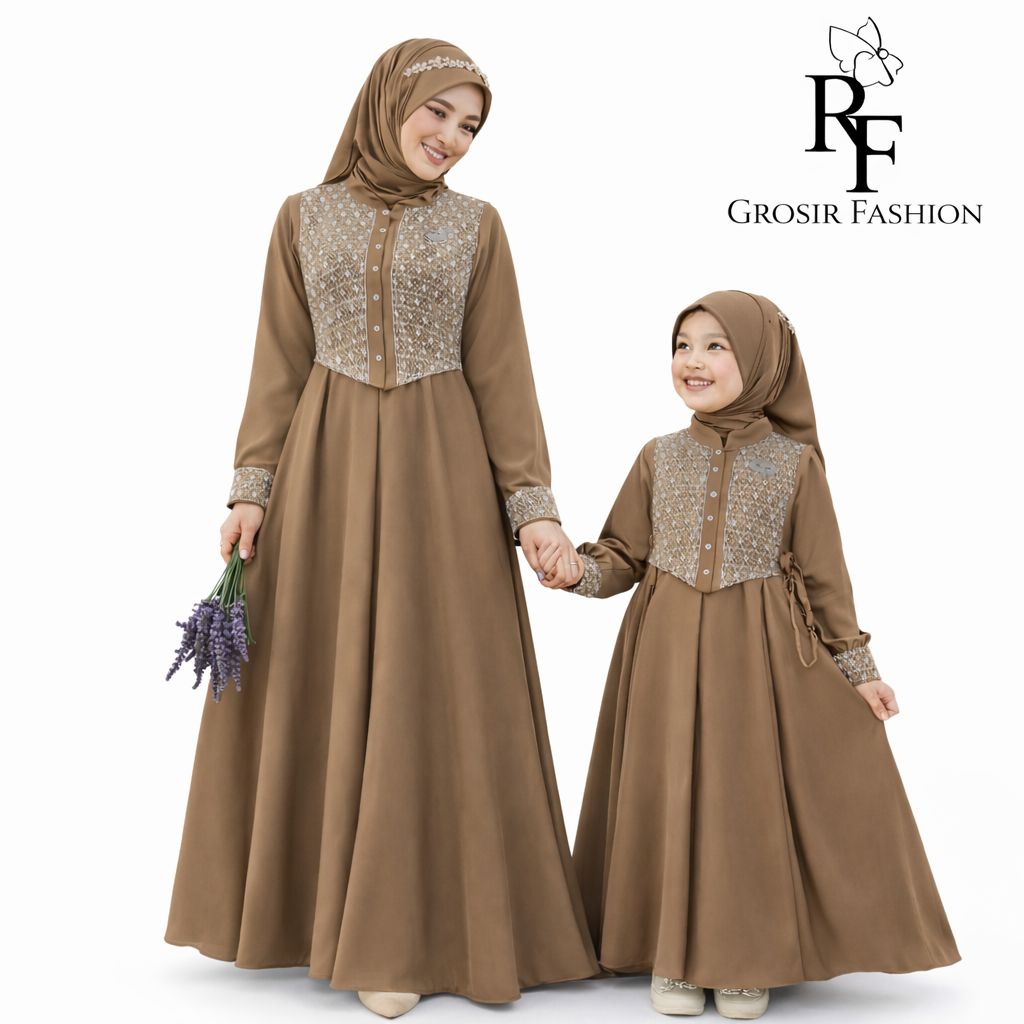 Gamis Couple Ibu dan Anak Shabira Terbaru Bahan Crinkle Airflow Premium Mix Brokat