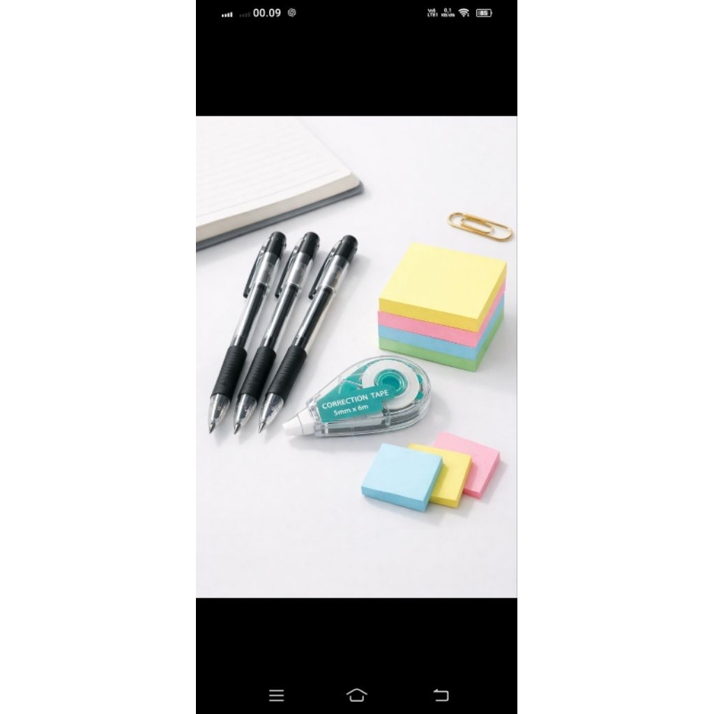 Paket ATK Lengkap Hemat – Pulpen Gel Hitam 0.5mm + Correction Tape + Sticky Notes Warna | ATK Sekola