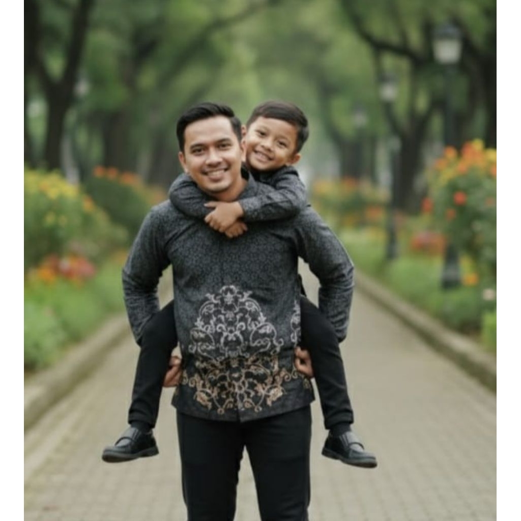 batik doby warna abu abu moderen couple ayah dan anak panjang