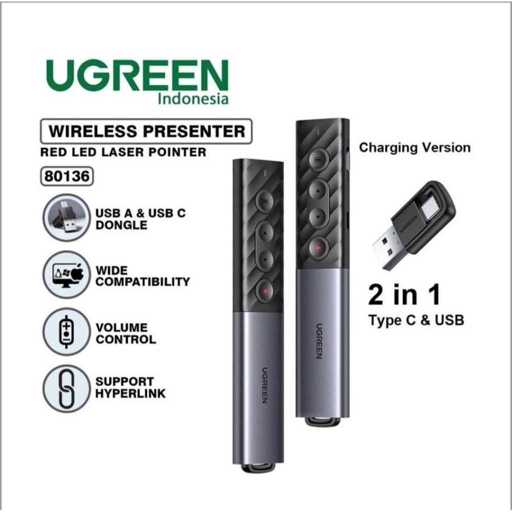 Ugreen 80136 Red Laser Pointer Wireless Presentation Remote Control Presentasi With Volume