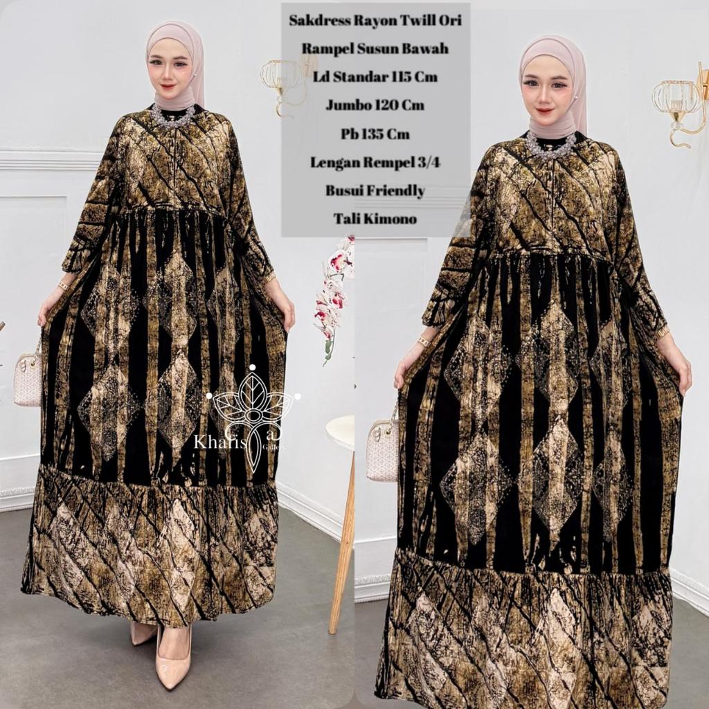 dress gamis lebaran jumbo kekinian ld 110 - 120 bahan twill rayon pb 135 cm motif batik cap