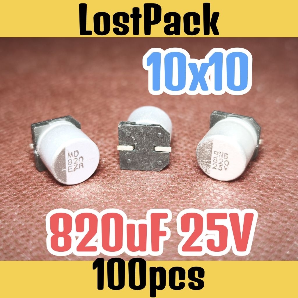 100pcs Solid kapasitor capasitor elko elco SMD 25v 820uf 25v 820 uf 25 v 25 volt EZR 10x10 lostpack 