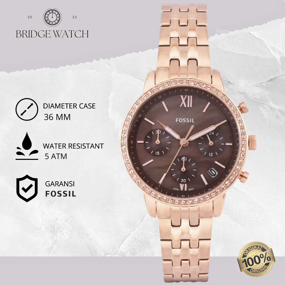 Jam Tangan Wanita Fossil ES5218 Neutra Chronograph Rose Gold Stainless Steel Strap Rantai Mewah Orig