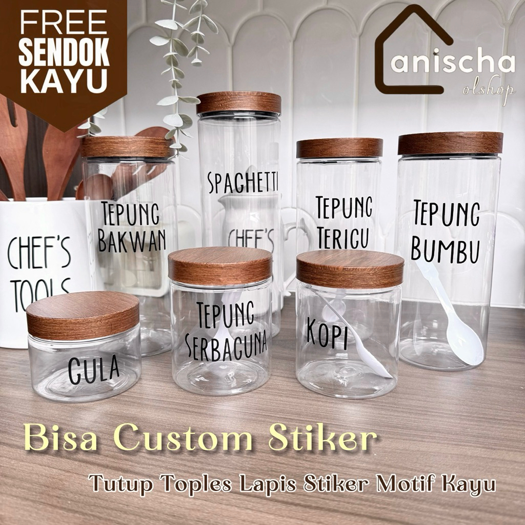 Free Sendok Kayu-Toples Bumbu Dapur Tutup Plastik Lapis Stiker Motif Kayu Kedap Udara Bisa Custom La