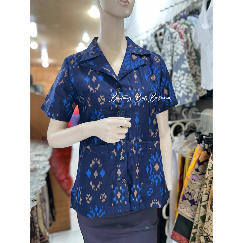 Kemeja Endek Bali Wanita Katun Lengan Pendek motif Bintang Biru Marun Hijau Hitam Orange