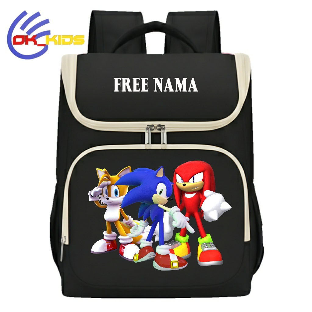 Tas Ransel Anak Motif Sablon Sonic All Size Hitam Pink