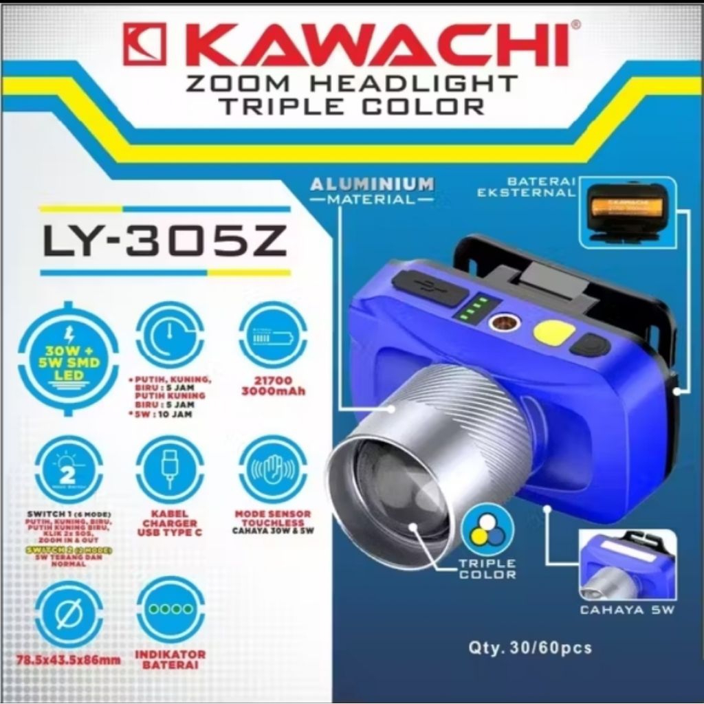 senter kepala zoom 3 cahaya 30watt putih biru kuning senter kepala mini led laser senter kepala kawa