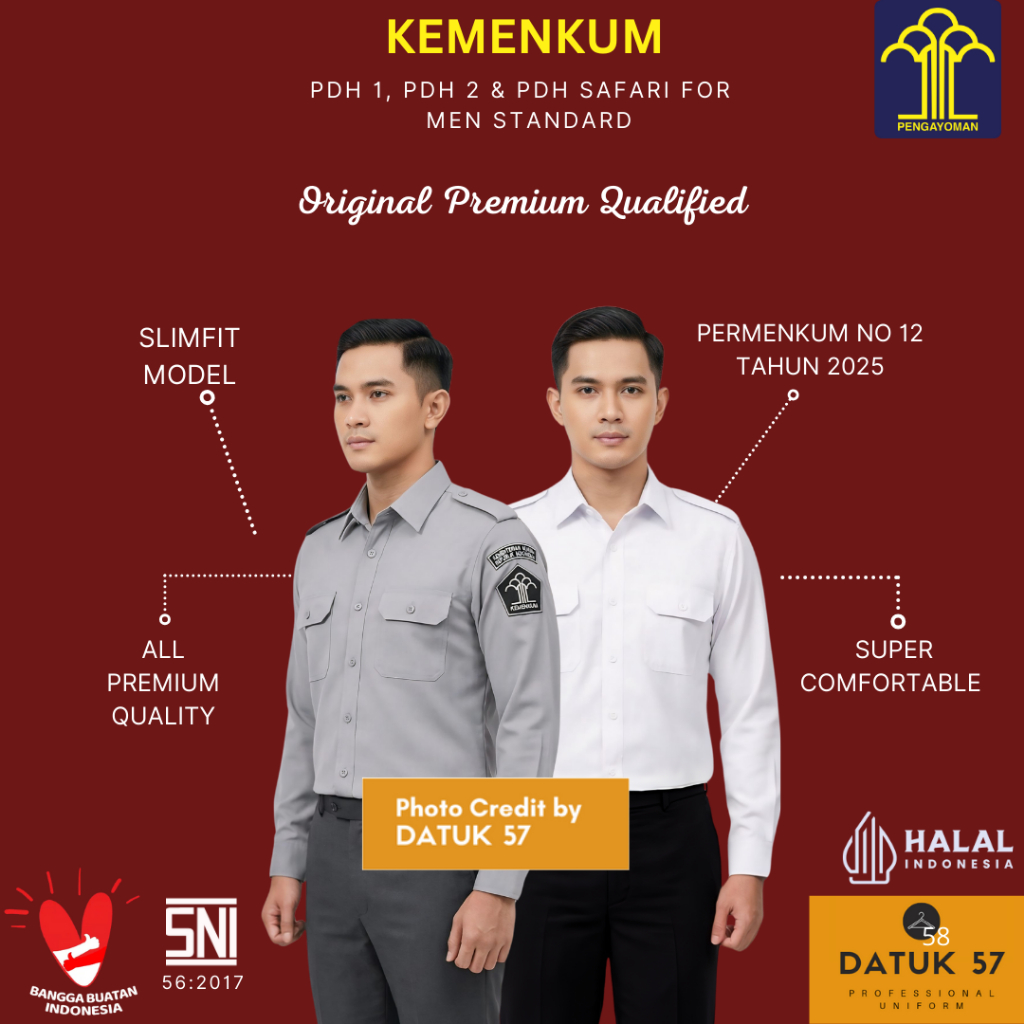 Original Datuk 57 Premium : Seragam Kemeja Baju Atasan PDH 1 PDH 2 PDH Safari Abu-abu & Putih untuk 