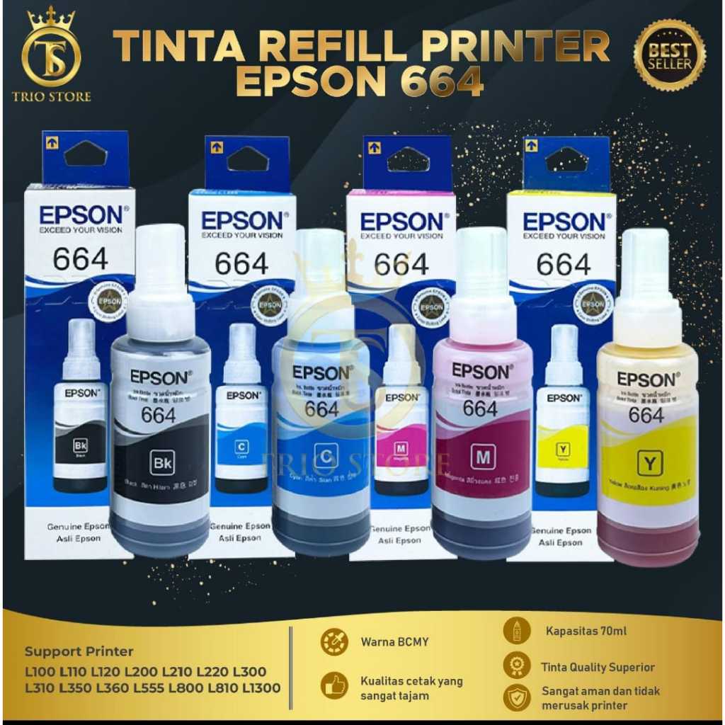 Tinta Epson 664 Warna CMYK Cocok untuk Epson L100 L110 L120 L200 L210 L220 L300 L310 L350 L355 L360 
