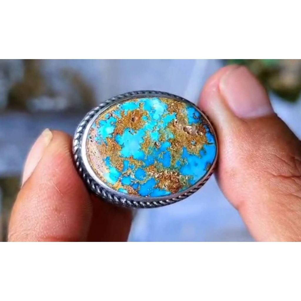 Batu Pirus Persia Asli - Hijau Polkas, Poles Natural, Siap Pakai