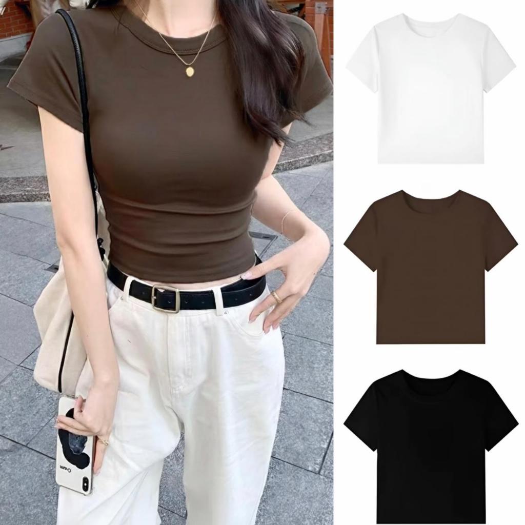 BASIC CROP TOP SLIM FIT LENGAN PENDEK KAOS CROP TEE Crop Top Baju Wanita Crop Top Korea Crop Tee