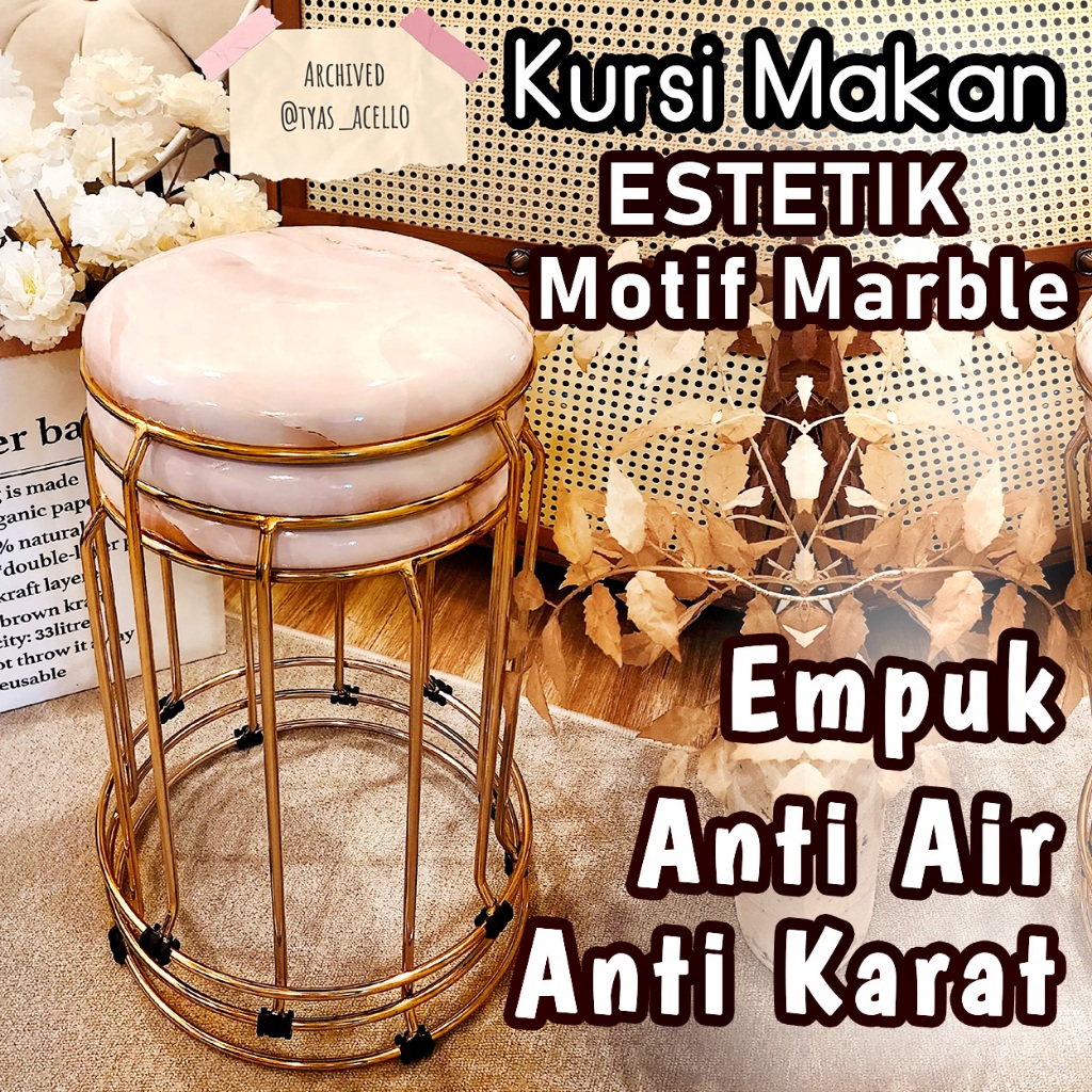 Kursi Bulat Estetik untuk Meja Rias, Kursi Cantik Meja Rias, Kursi Makan Kokoh Motif Marmer Marble