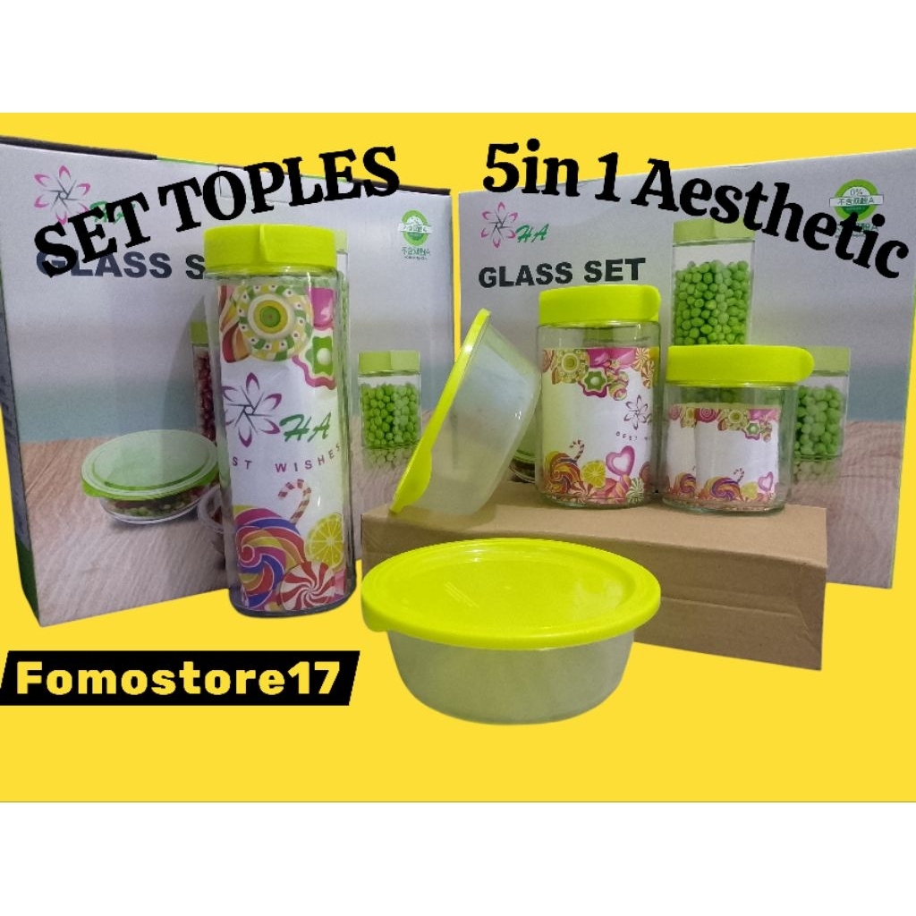 Set Toples Kaca + Bowl HA 1463 Isi 5 pcs - Toples Kacang Hijau Toples Snack + Mangkok Tutup || RAMAD