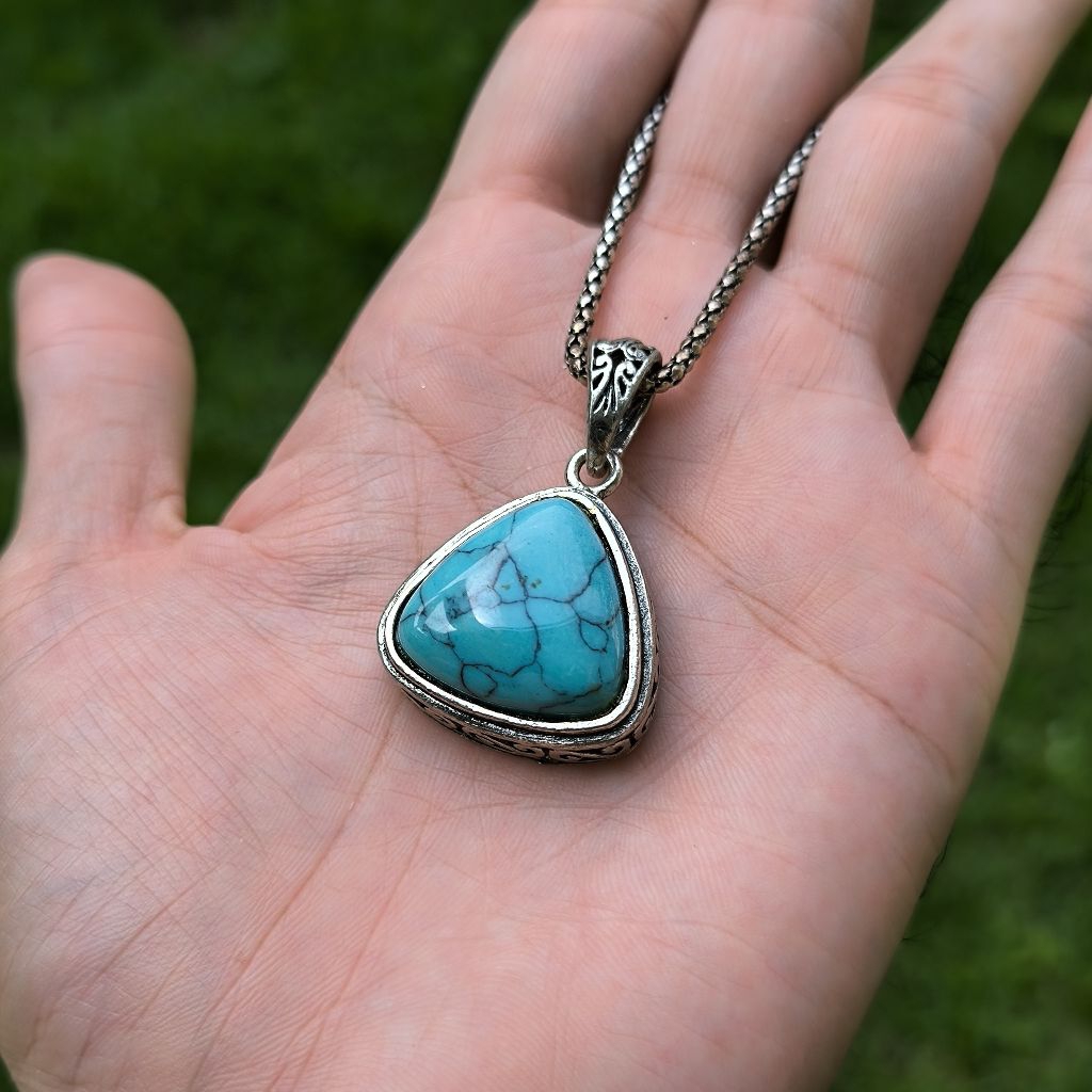 kalung liontin etnik vintage perak bakar turqoise pirus