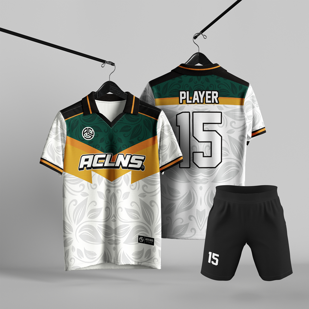 Setelan Jersey Futsal Tim Unisex Putih Motif Batik Hijau Gold Berkerah