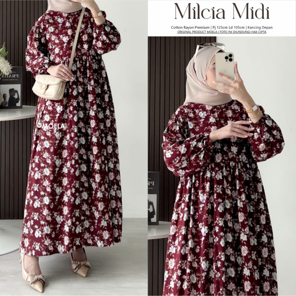 Milcia Midi Dress Motif Bunga By Moela