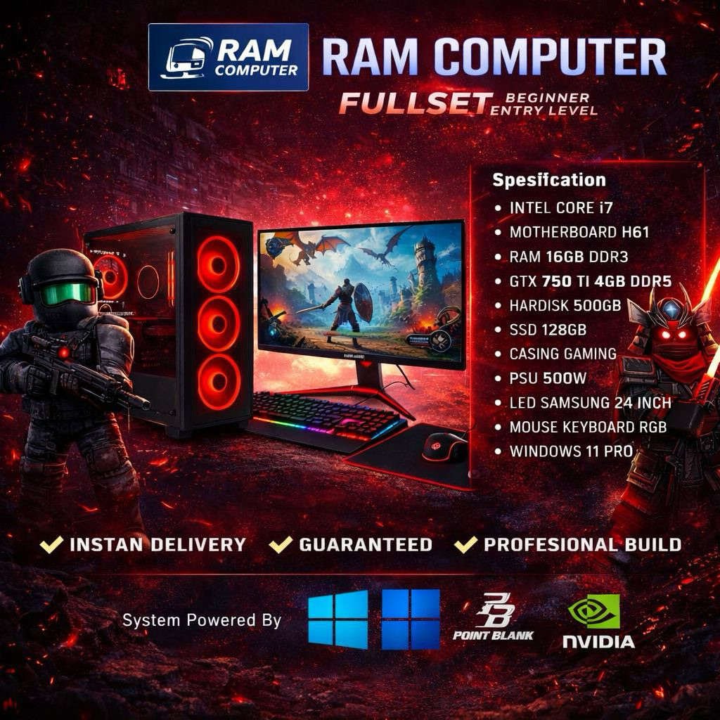 Pc Gaming i7 I RAM 16Gb I SSD 128Gb I VGA 4GB I Pc Gaming Fullset siap pakai