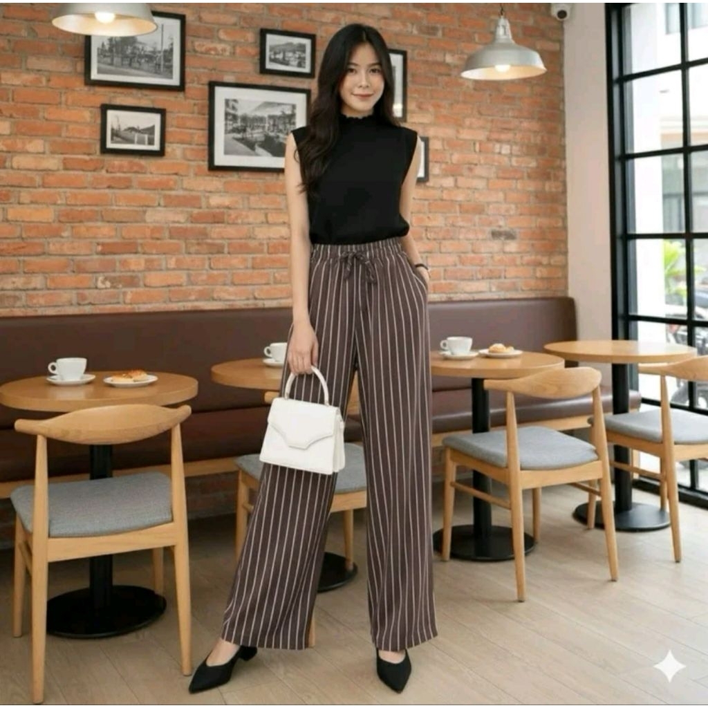 Celana Panjang Wanita Highways - Pinggang Karet, Saku Praktis, Garis Pola