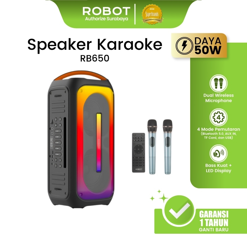 ROBOT Speaker Karaoke RB650 50W Dual Microphone Wireless Bluetooth 5.0 RGB Light 6.5 Inch Bass Kuat 