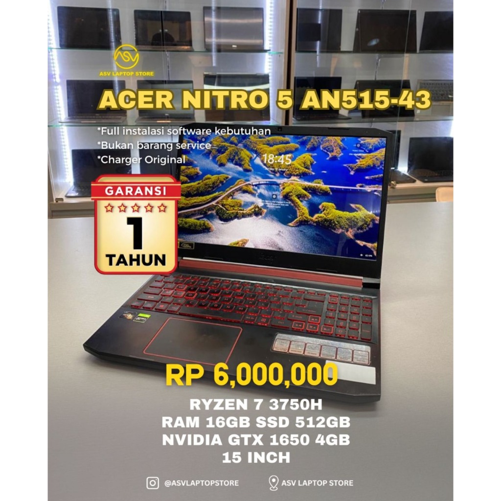 ACER NITRO 5 AN515-43 RYZEN 7 3750H RAM 16GB SSD 512GB NVIDIA GTX 1650 4GB LAPTOP RENDERING GAMING M