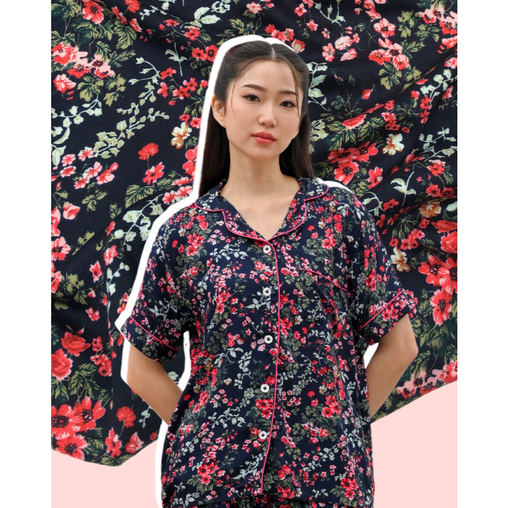 Classic Pajama in Sunday Floral Baju Tidur Wanita Piyama Celana Panjang Lengan Pendek