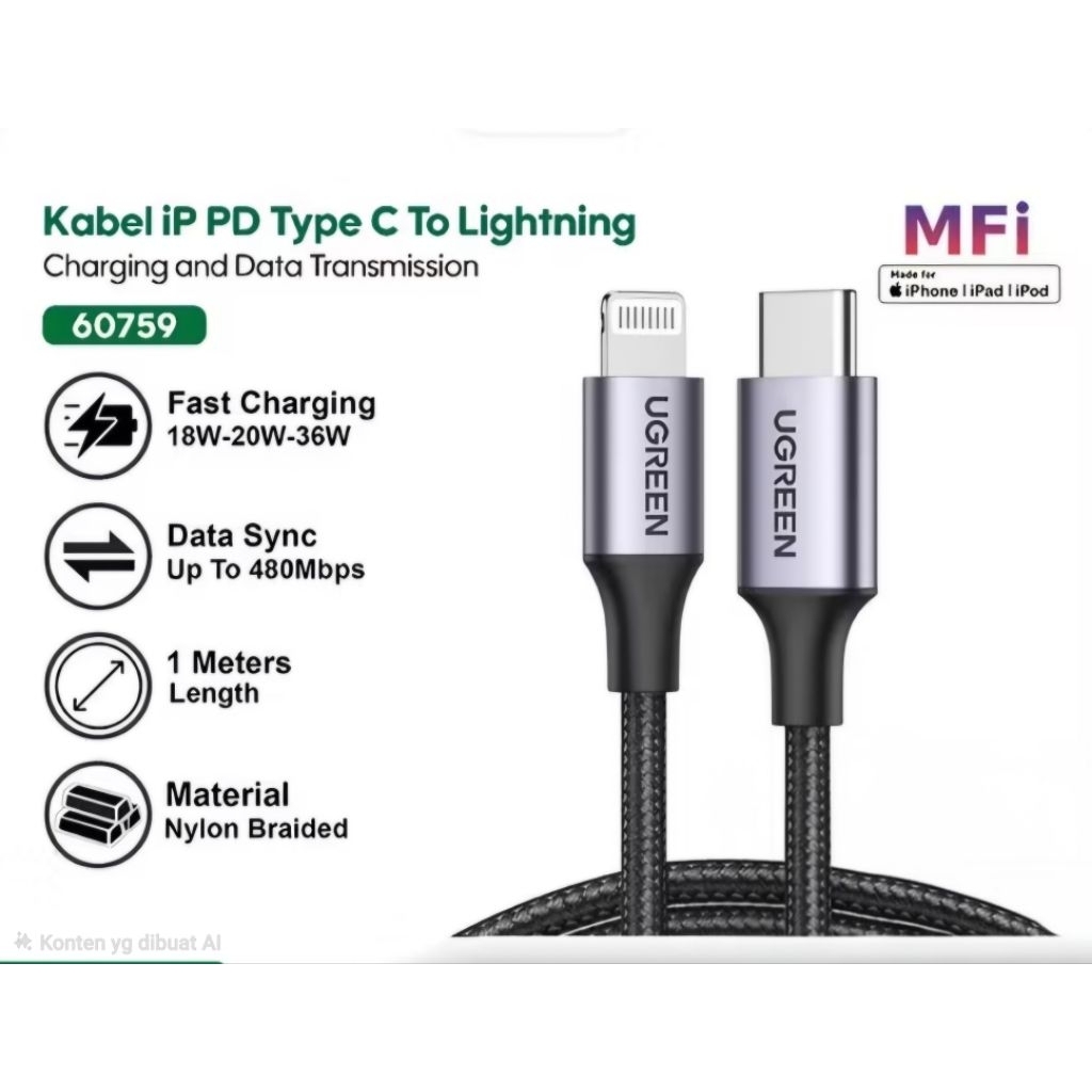 ugreen 60759 kabel type c to lightning / kabel ugreen MFI type c to lightning 60759 / kabel type c t