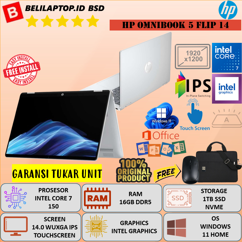 HP Laptop 2in1 Omnibook 5 Flip 14 Baru Intel Core 7 150U 16GB DDR5 1TB SSD 14 Inch WUXGA IPS Touch
