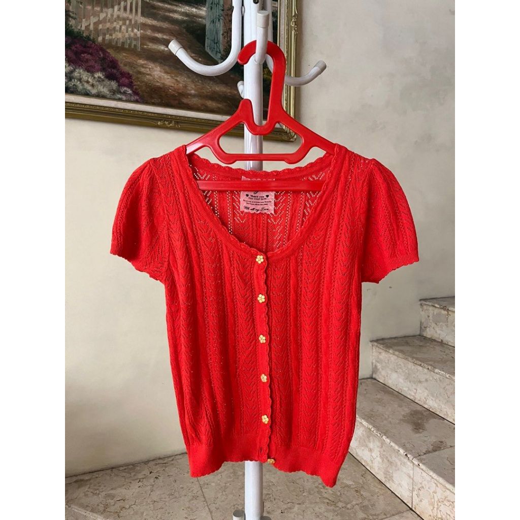 Ingni red orange knit top rajut crop imlek merah japan brand