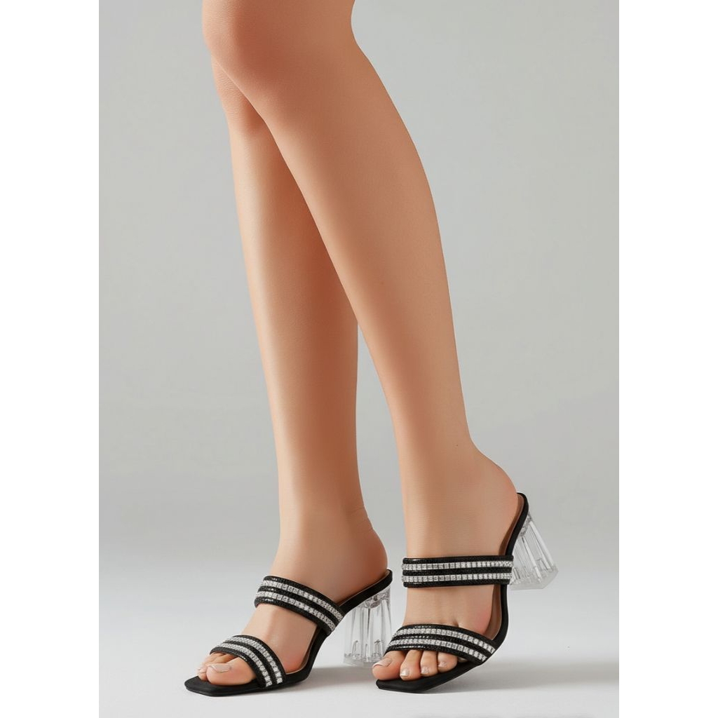 SANDAL HEELS HAK KACA WANITA TERBARU/SANDAL BAN 2 MUTIARA TERBARU TALI SILANG TENGAH KECIL QL 06 Pes