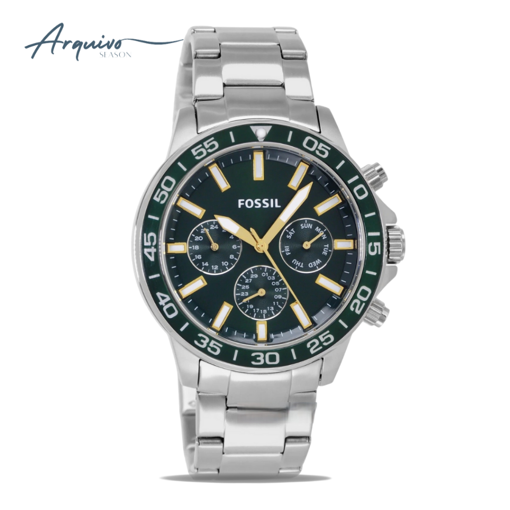 Jam Tangan Fossil Pria Bannon Chronograph Silver Stainless Steel Green Dial Watch Mewah Sporty Origi