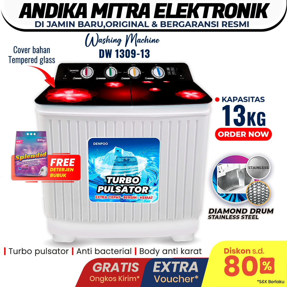 Mesin Cuci 2 Tabung 13 Kg Stainless Steel Denpoo New DW 1309H - 13 Kg Turbo Pulsator