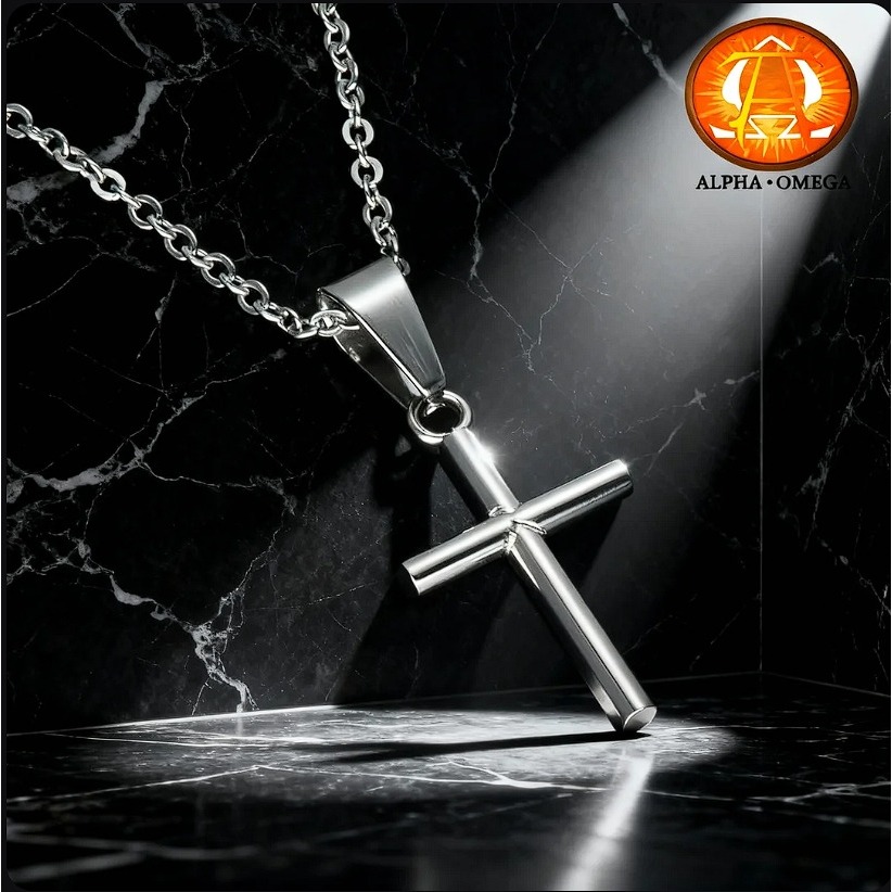 ALPHA OMEGA - Kalung Salib Pria Wanita Titanium | Kalung Salib Simple Minimalis Anti Karat | Aksesor
