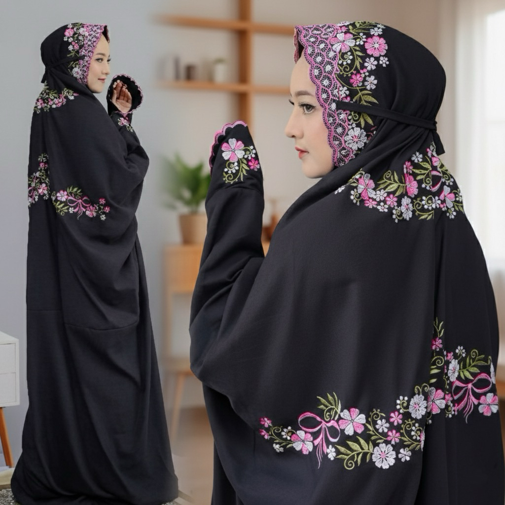 MUKENA PRO MAX DEWASA TERUSAN PANJANG BORDIR MOTIF TABUR BUNGA BAHAN KAIN HITAM KATUN POLINO MIKRO P