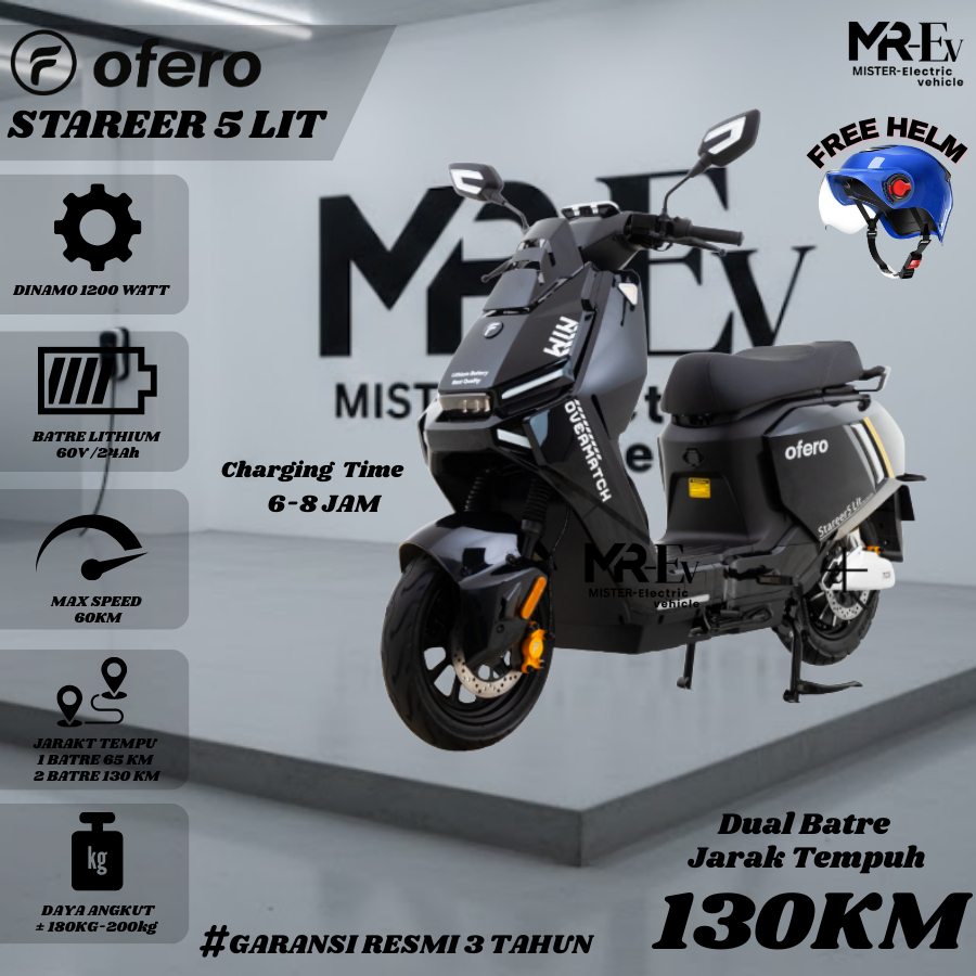 OFERO TERBARU Sepeda Listrik Stareer 5 Lit Dinamo 1200Watt 2 Baterai 130km Garansi 3 Tahun