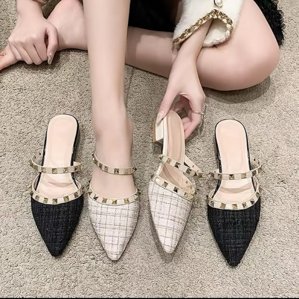 HOMENEF | TERMURAH Sandal Heels Wanita 3cm Lancip Piramid Pesta HF04