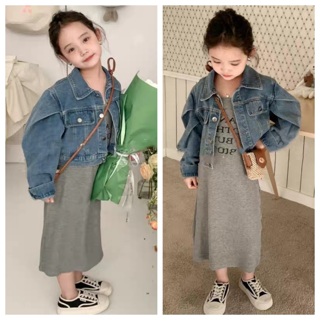 Korea Style Setelan Anak Perempuan Atasan Jaket Jeans Lengan Panjang+Dress Panjang Bahan Katun Setel