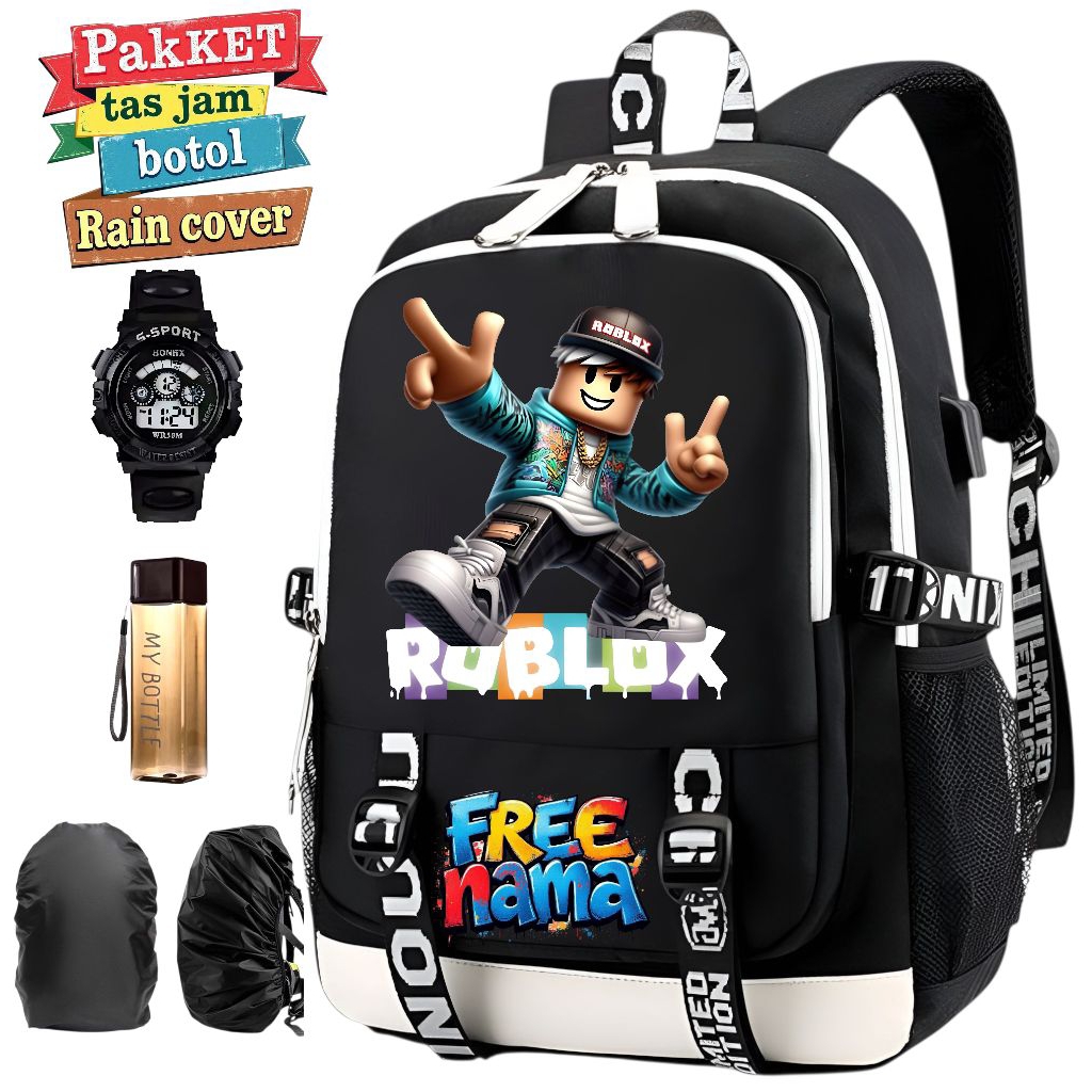 Tas Ransel Sekolah Anak Motif Roblox Custom Nama Gratis + Jam Botol Rain Cover